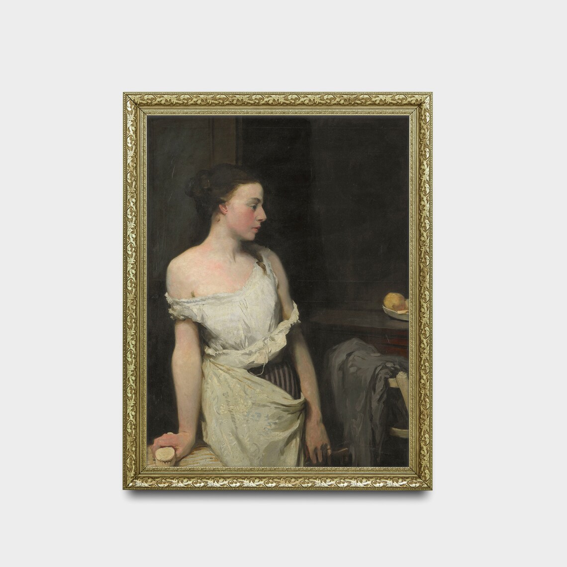 Young Woman in White Chemise Moody Antique Portrait Painting Poster - Image 2