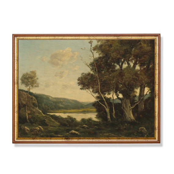 Vintage Landscape Painting Antique Country Landscape Rustic Moody Fine Print Wall Art Farmhouse Decor
