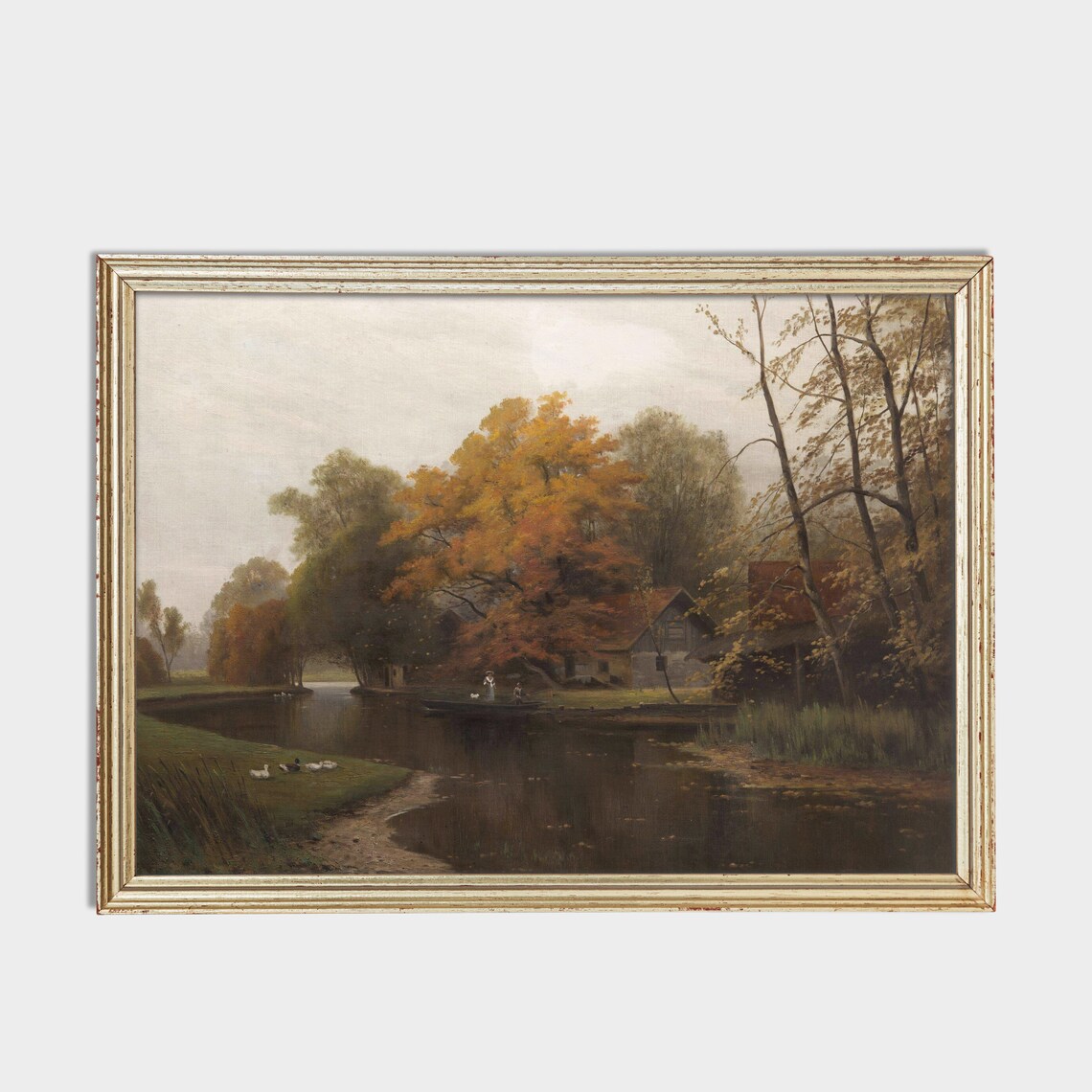 Autumn Riverbank Cottage With Ducks Vintage Landscape Painting Poster - Image 2
