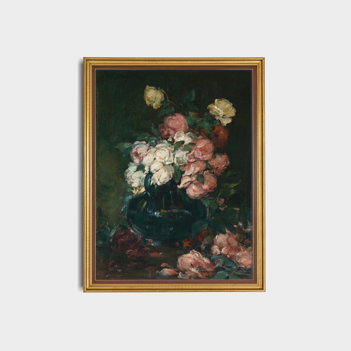 Moody Pink and White Roses in a Dark Vase Still Life Oil Poster - Image 2