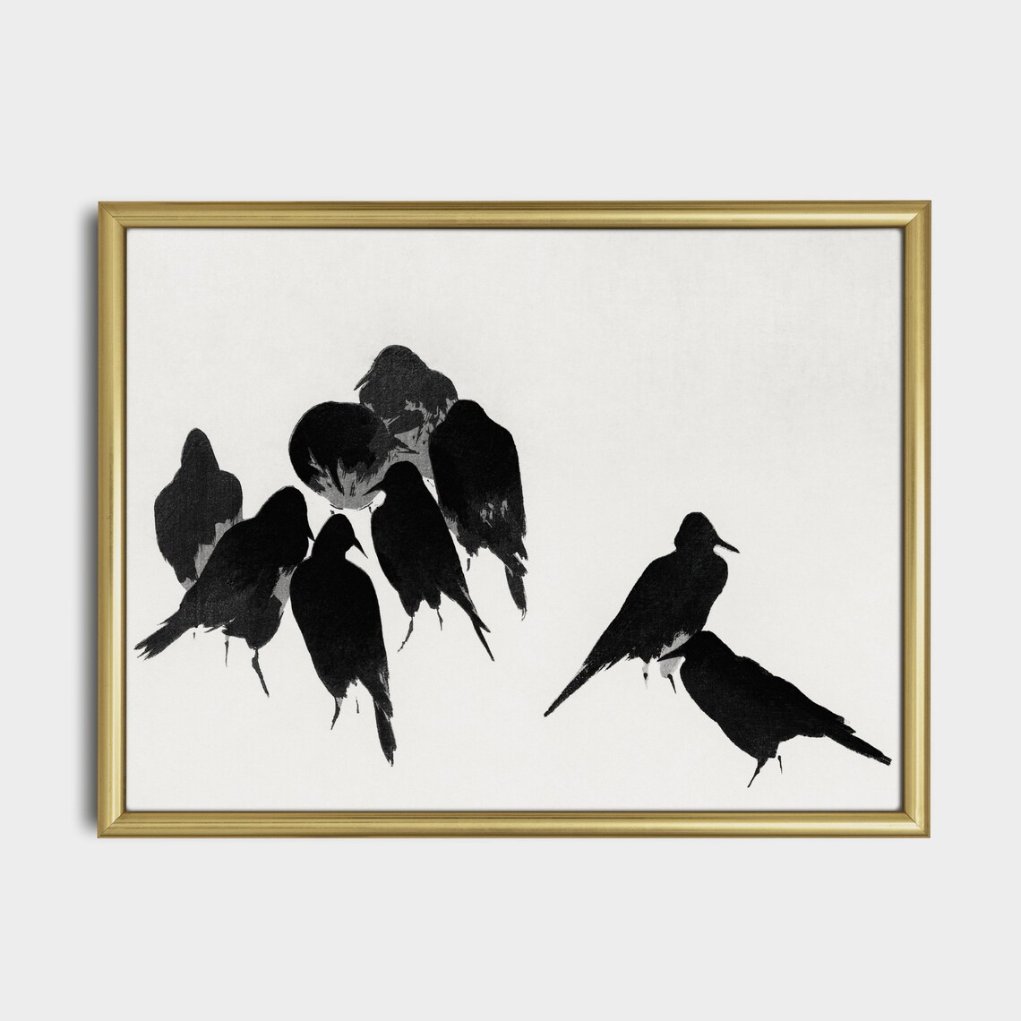 Japanese Ink Wash Painting of a Flock of Black Crows on White Poster - Image 5