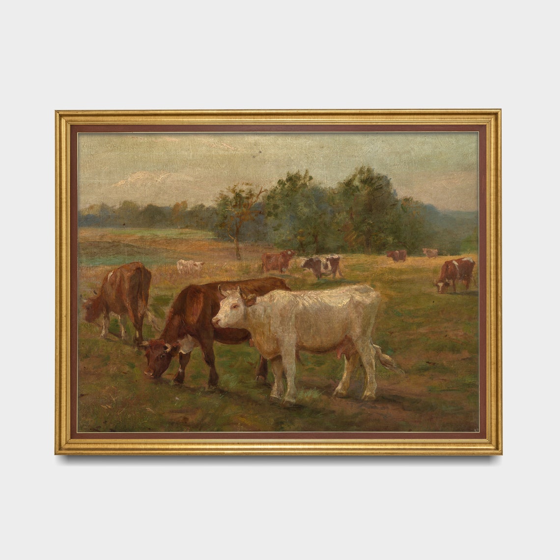 Cows Grazing Peacefully in a Sunlit Pasture Meadow Antique Art Poster - Image 4