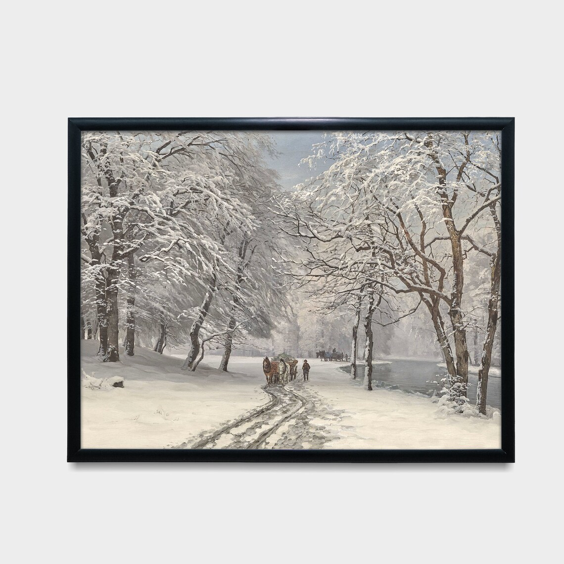 Frosty Riverside Road with Horse-Drawn Sledges Classic Poster - Image 2
