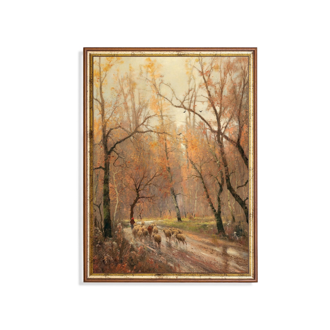 Shepherdess With Flock Of Sheep, Rustic Autumn Art Print