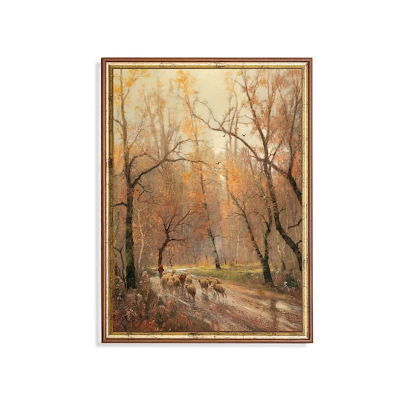 Shepherdess With Flock Of Sheep, Rustic Autumn Art Print