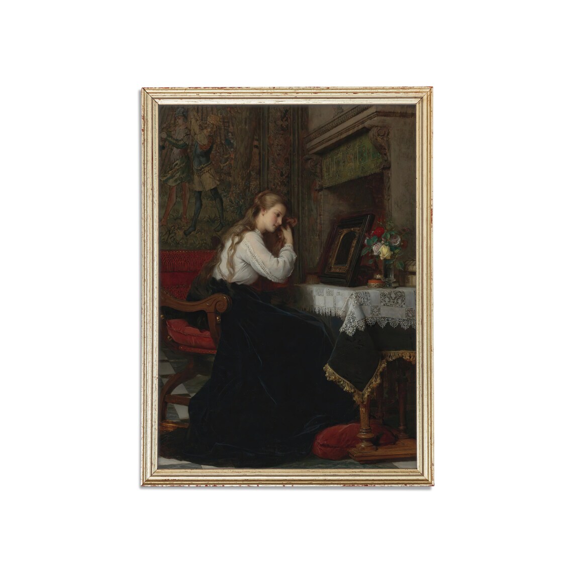 Lady at Her Vanity Table Before a Mirror Victorian Interior Painting Poster - Image 3
