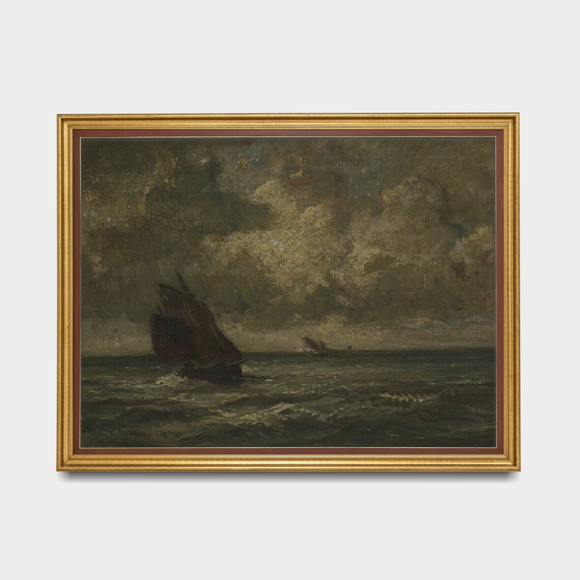 Moody Sailboat Oil Painting, Vintage Seascape Art - Image 5
