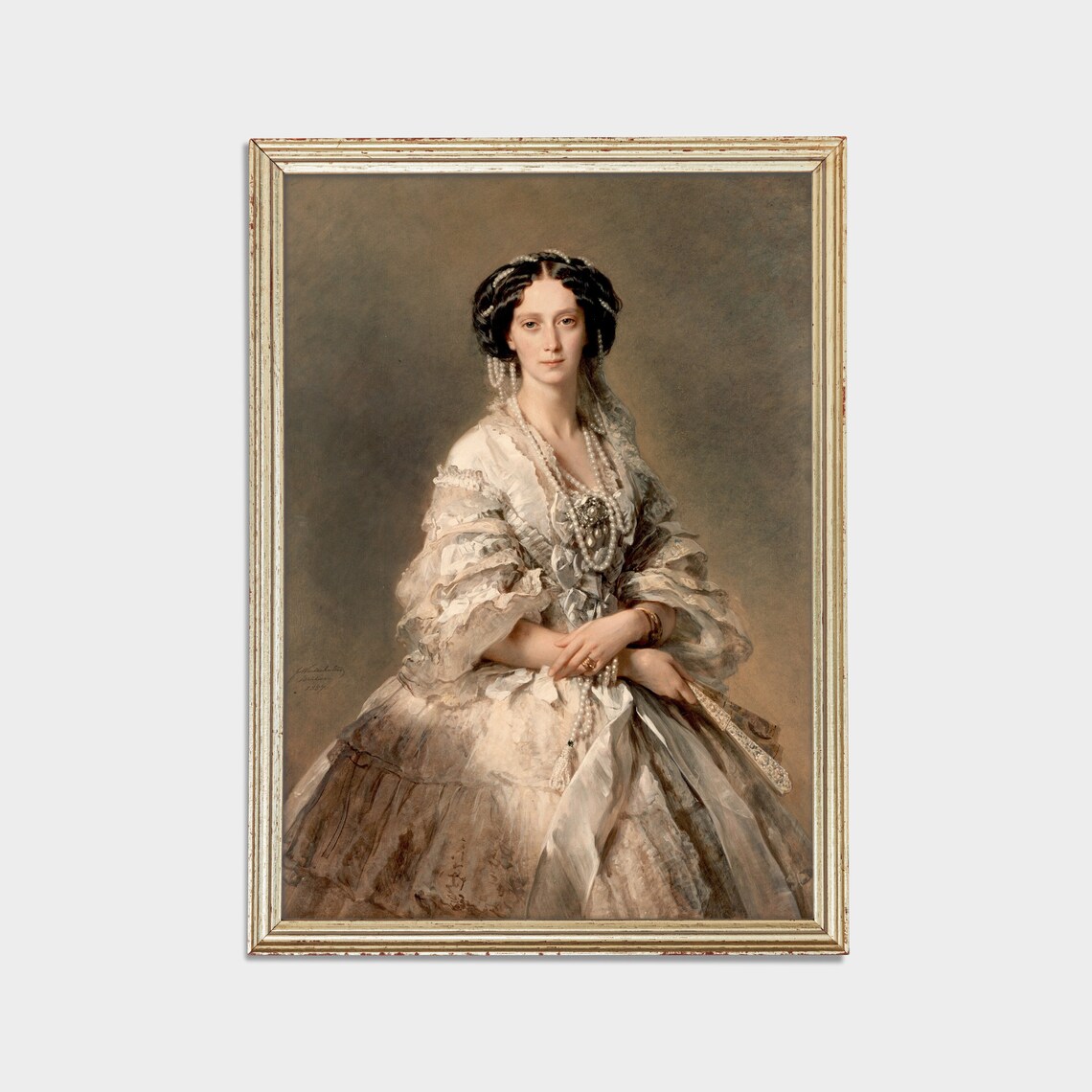 Vintage Portrait of a Lady in a White Lace Gown With Pearls Poster - Image 3