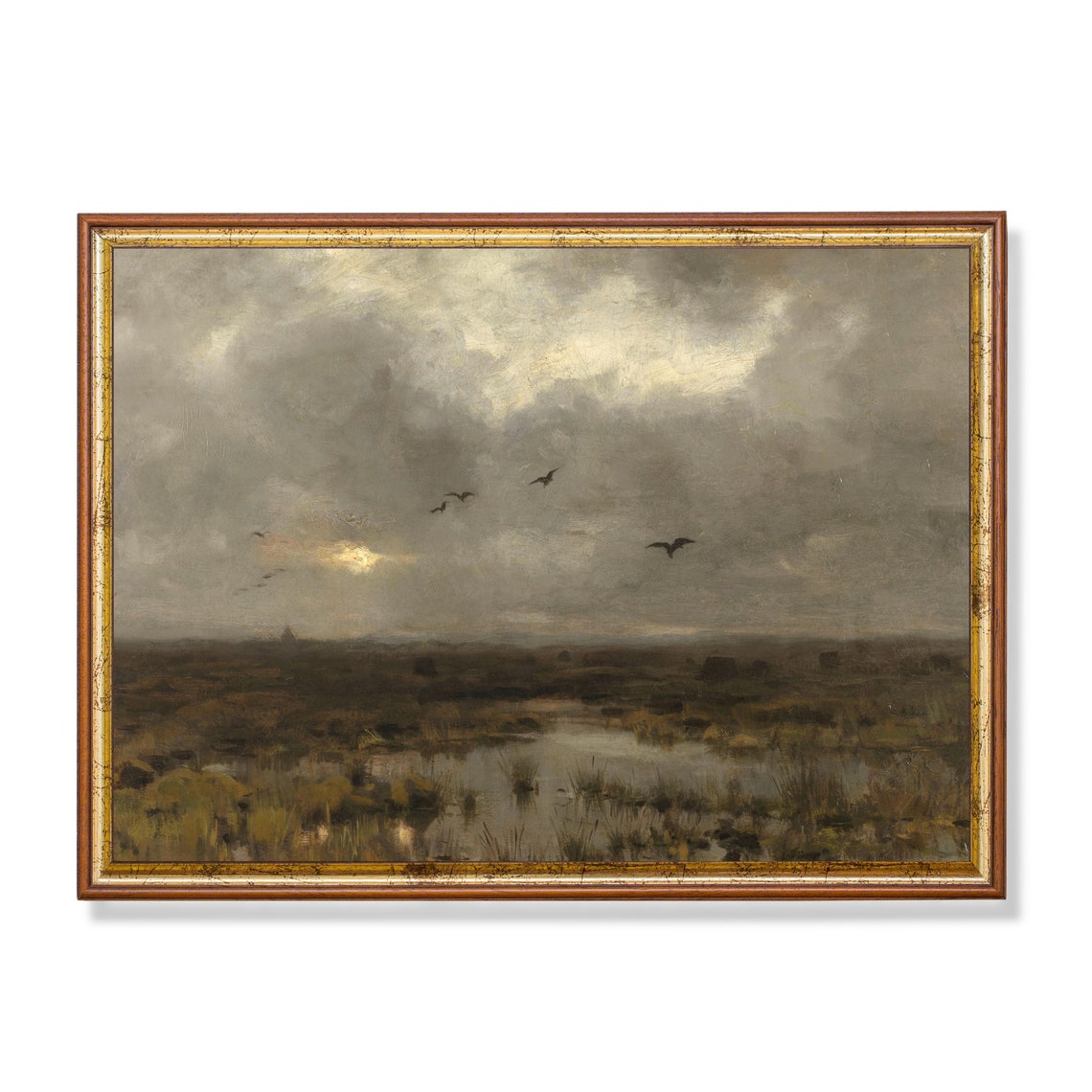 Storm Clouds Over a Marsh with Birds Vintage Landscape Poster
