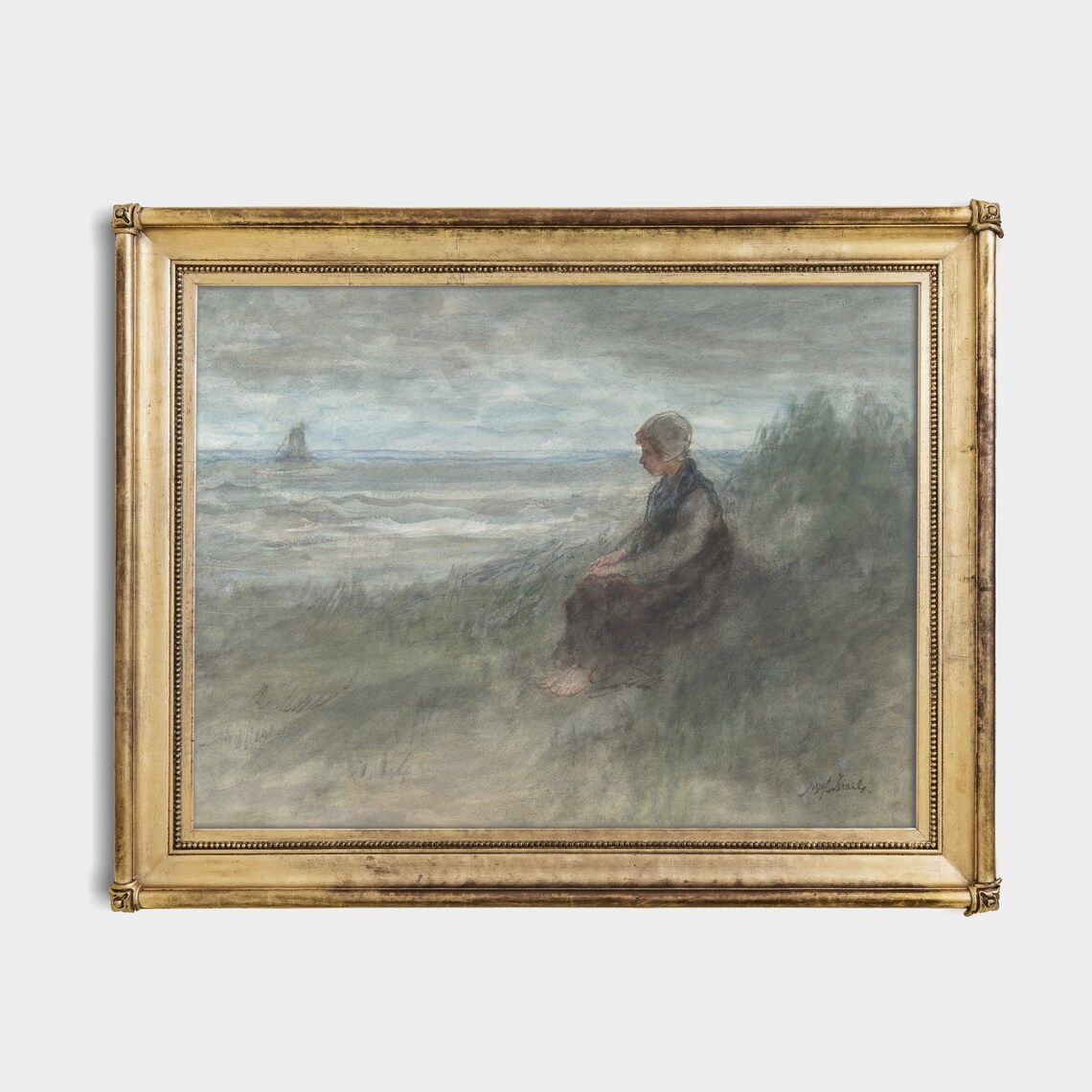 Barefoot Woman Seated in Coastal Dunes Impressionist Painting Print - Image 4