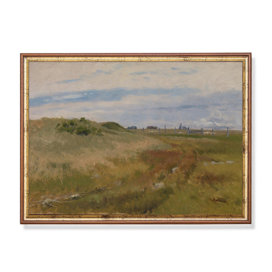 Windswept Moorland Heath with Distant Cottages Vintage Art Poster