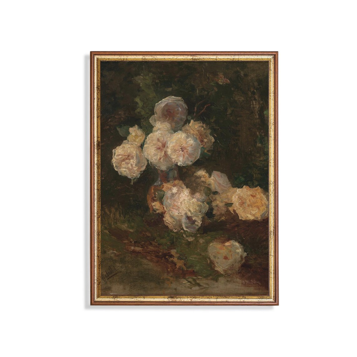 Soft White and Blush Roses in a Vase Moody Floral Still Life Poster