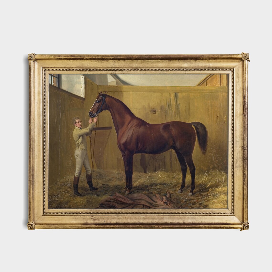 Chestnut Racehorse in a Stable With Groom Vintage Horse Poster - Image 2