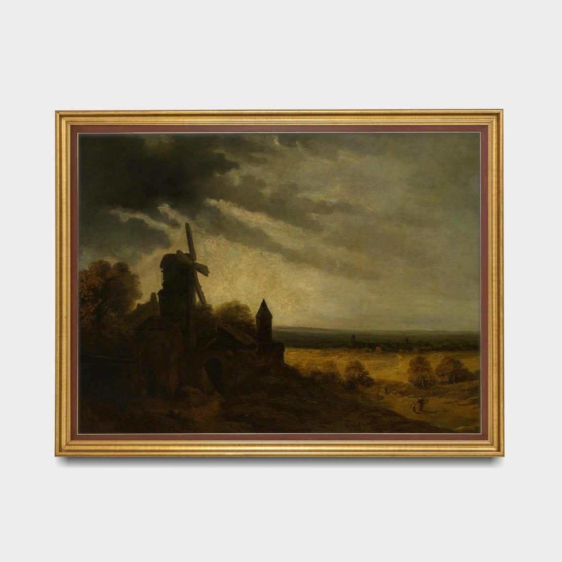 Dark Stormy Windmill Landscape Vintage Painting Moody Evening Poster - Image 3