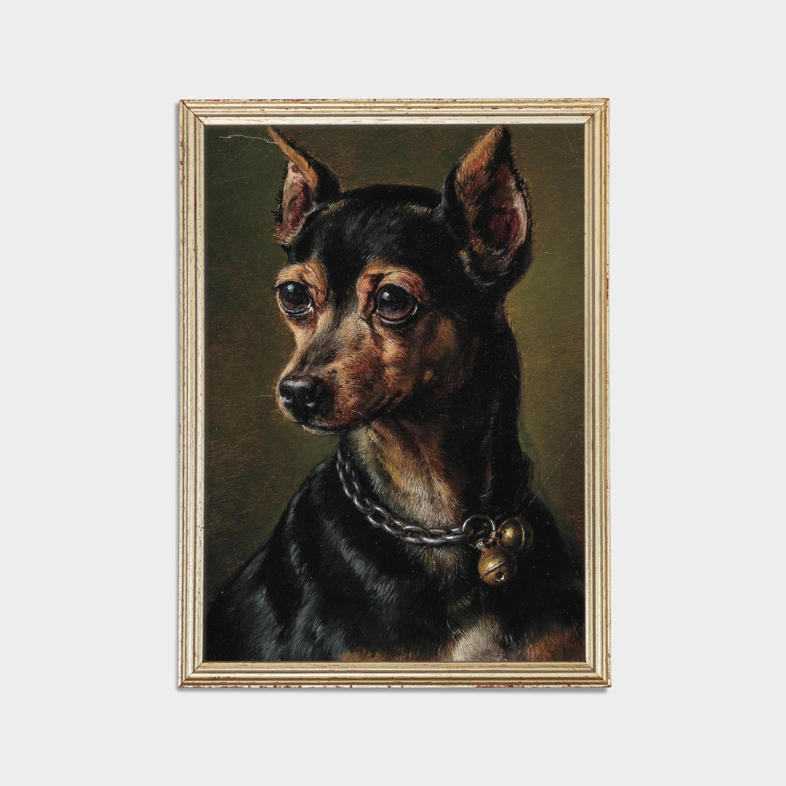 Vintage Small Black Dog Portrait Bell Collar Antique Pet Wall Art - Image 2