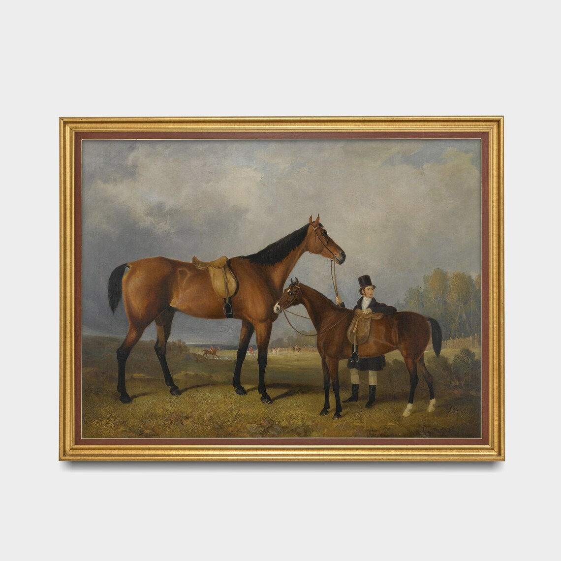 Two Saddled Bay Horses with Groom Antique English Hunt Scene Poster - Image 2