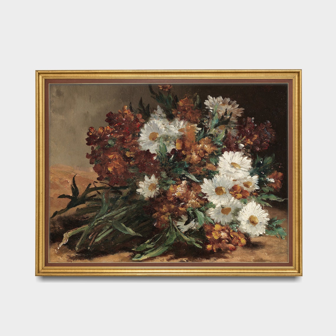White Daisies and Rust-Red Flowers in a Bunch Moody Still Life Print - Image 3