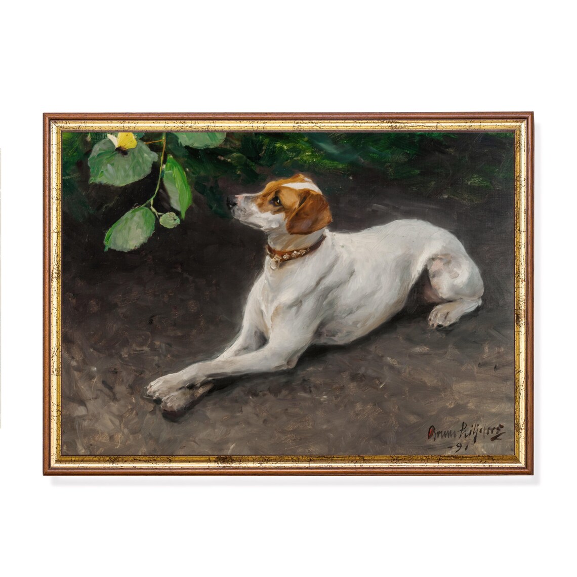 White Hound Resting Beneath Green Leaves Antique Dog Painting Poster