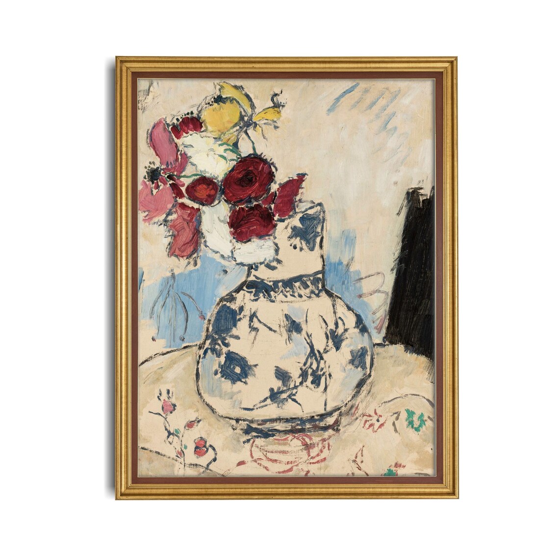 Red and Pink Bouquet in a Blue and White Vase Still Life Art Poster - Image 4