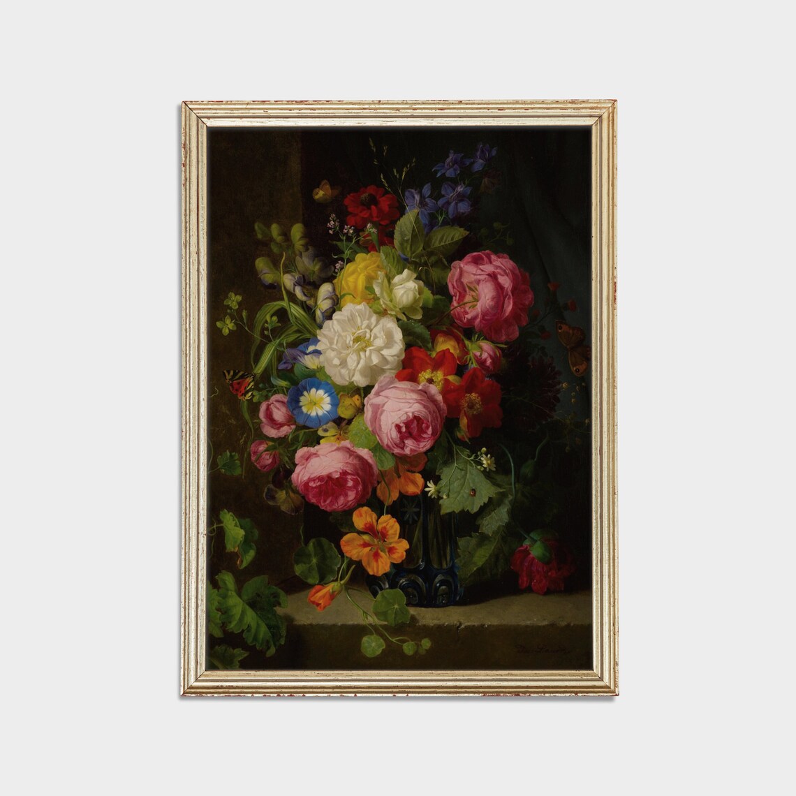 Dutch Bouquet of Roses and Morning Glories Dark Floral Poster - Image 2