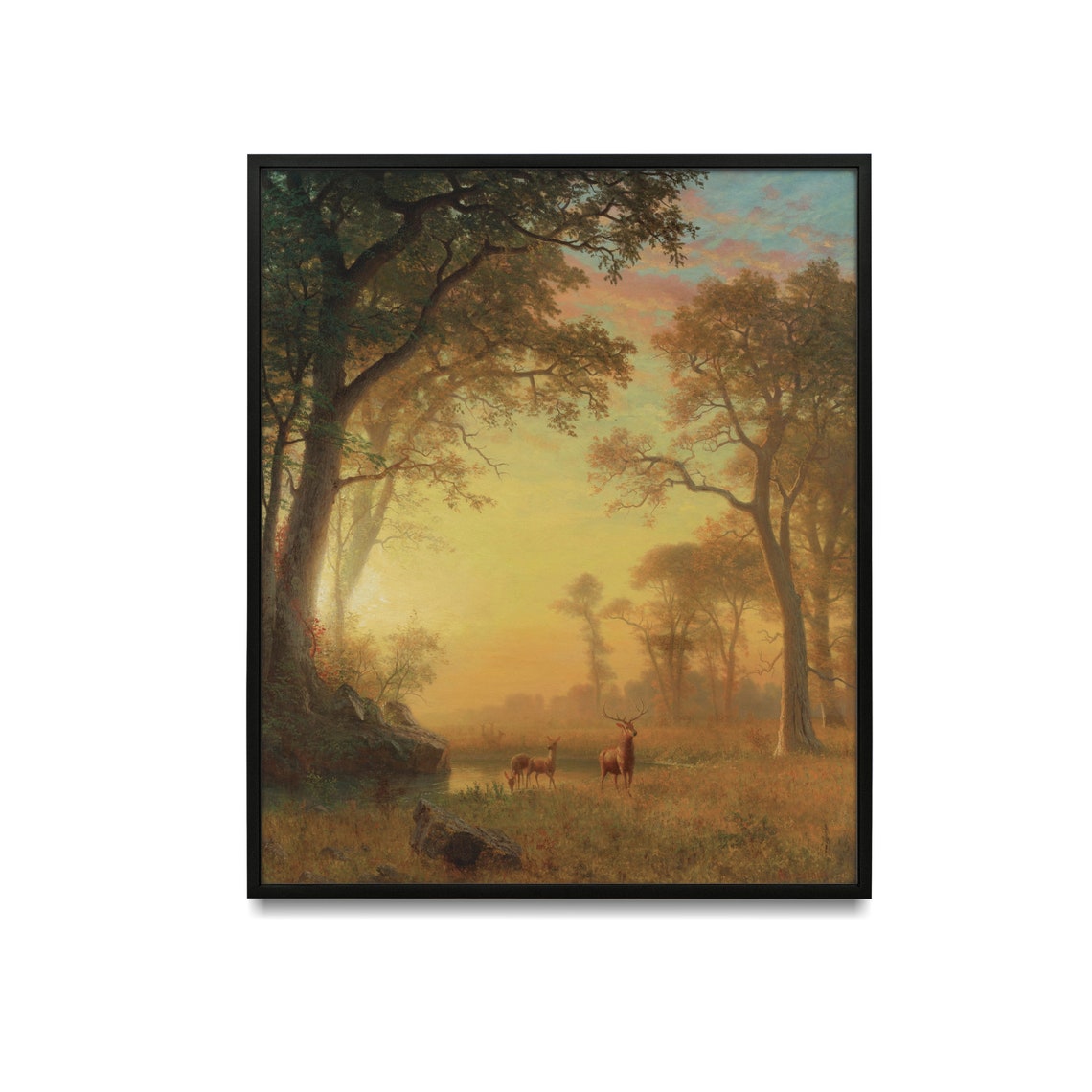 Golden Sunset Forest With Deer Vintage Luminous Landscape Poster - Image 5