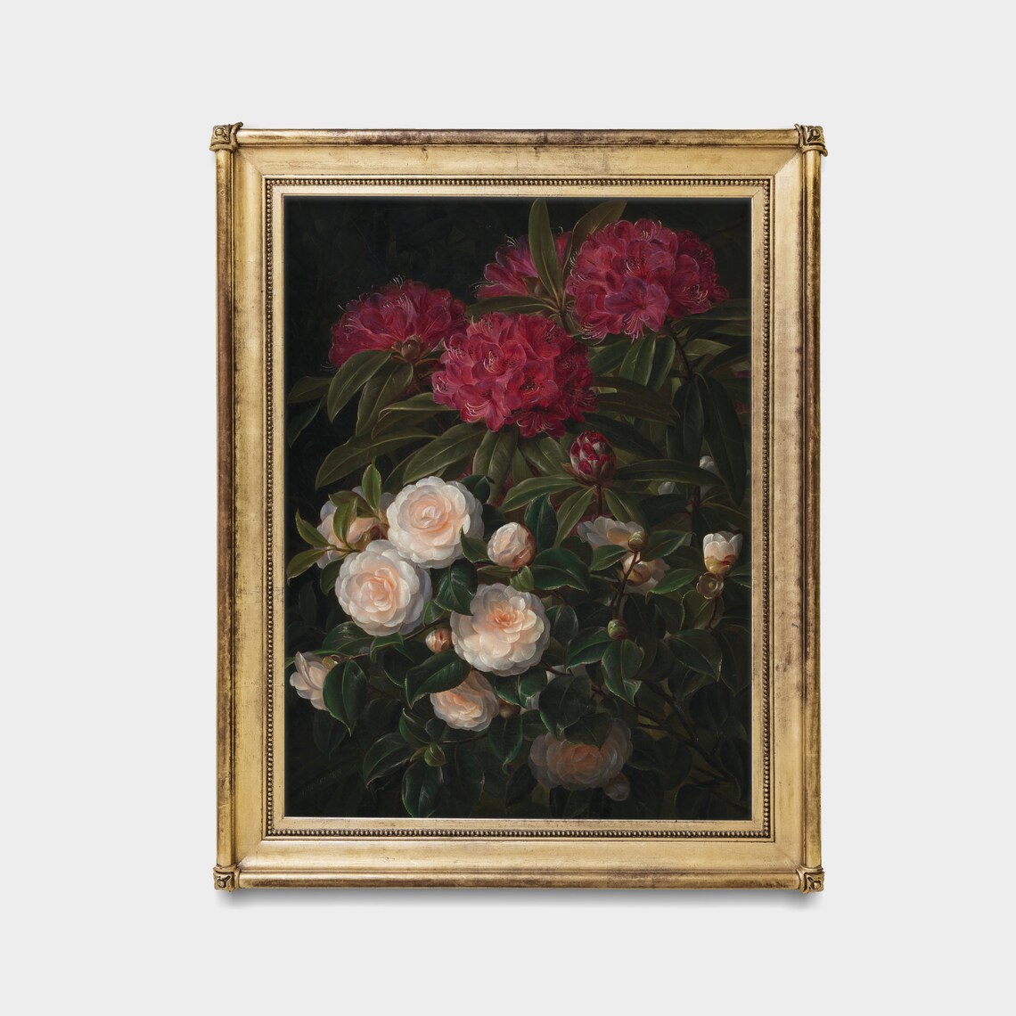 Red Rhododendrons and White Camellias Dark Botanical Floral Poster - Image 4