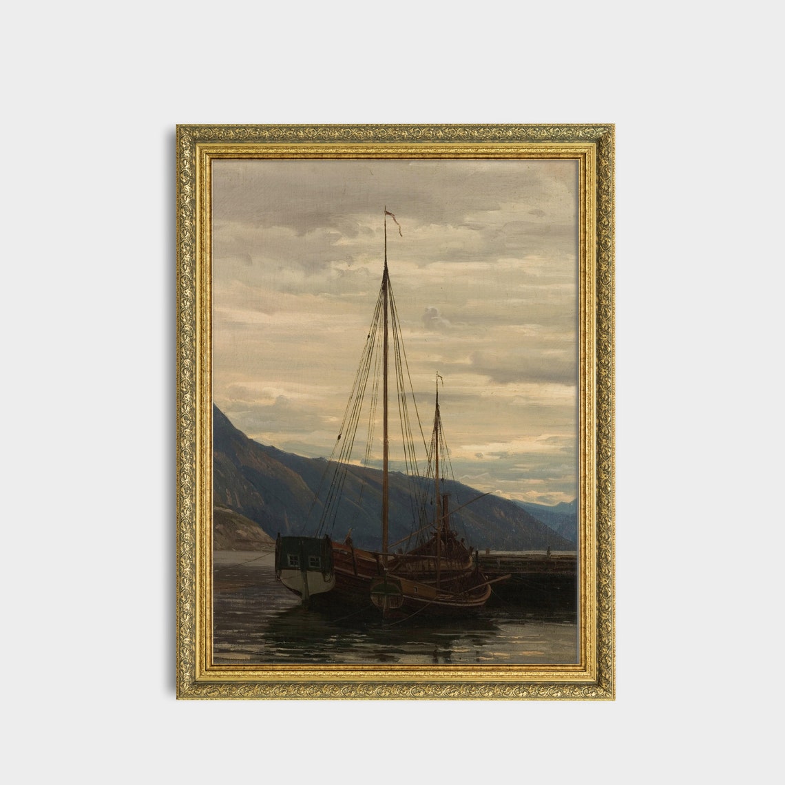 Vintage Sailing Boat Painting Antique Coastal Decor Moody Rustic Print Seascape Fine Print Instant Wall Art - Image 2