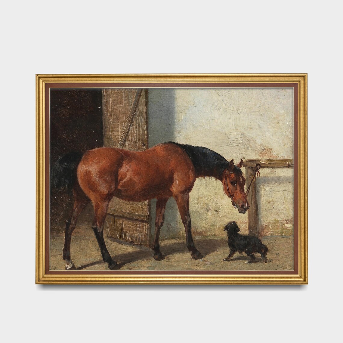 Chestnut Horse and Small Dog in Stable Yard Equestrian Painting Poster - Image 3