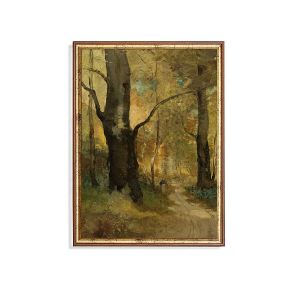Vintage Autumn Landscape Antique Fall Oil Painting Country Scenery Moody Rustic Forest Art Wall Art