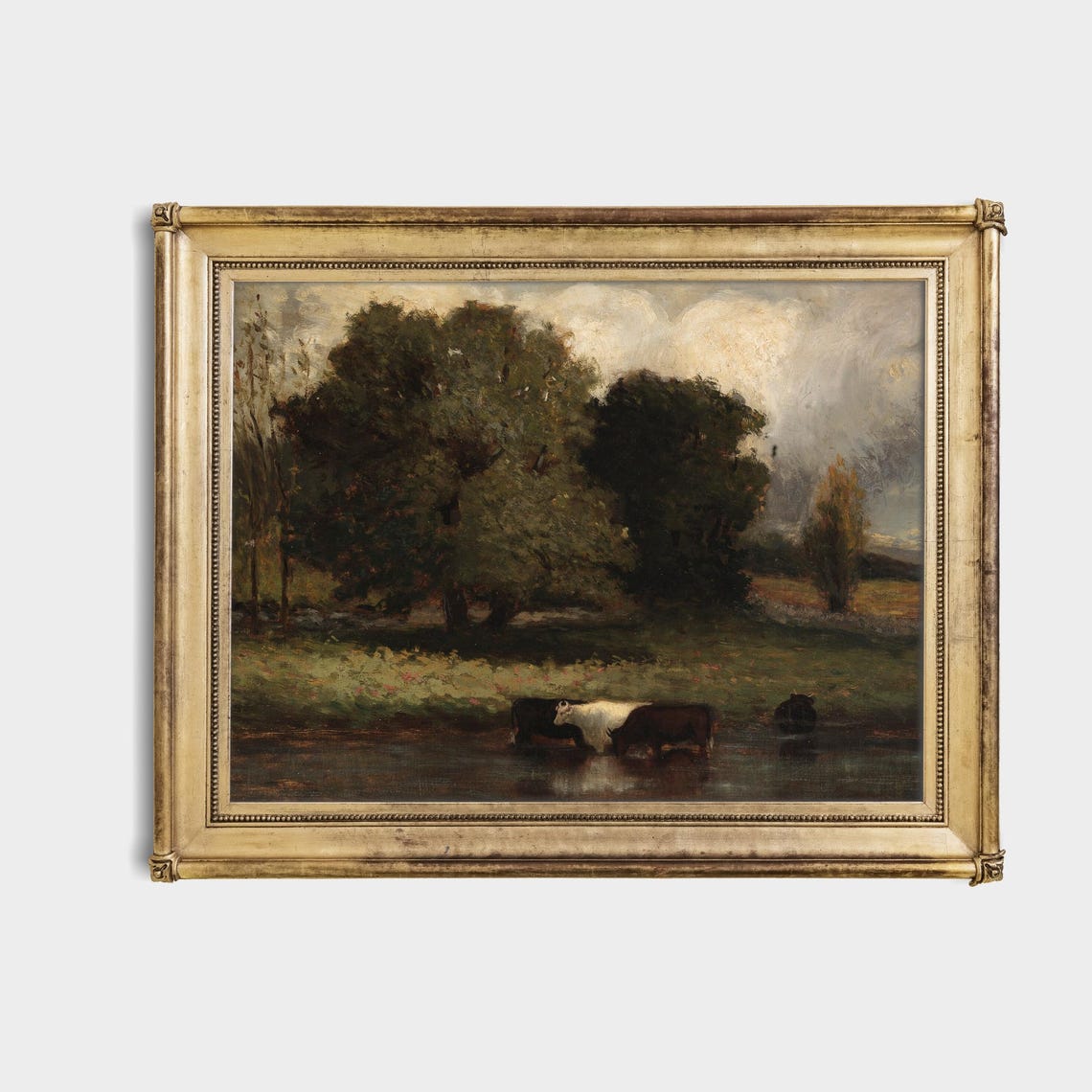 Antique Cows Drinking From Stream Meadow Painting Fine Art Poster - Image 4