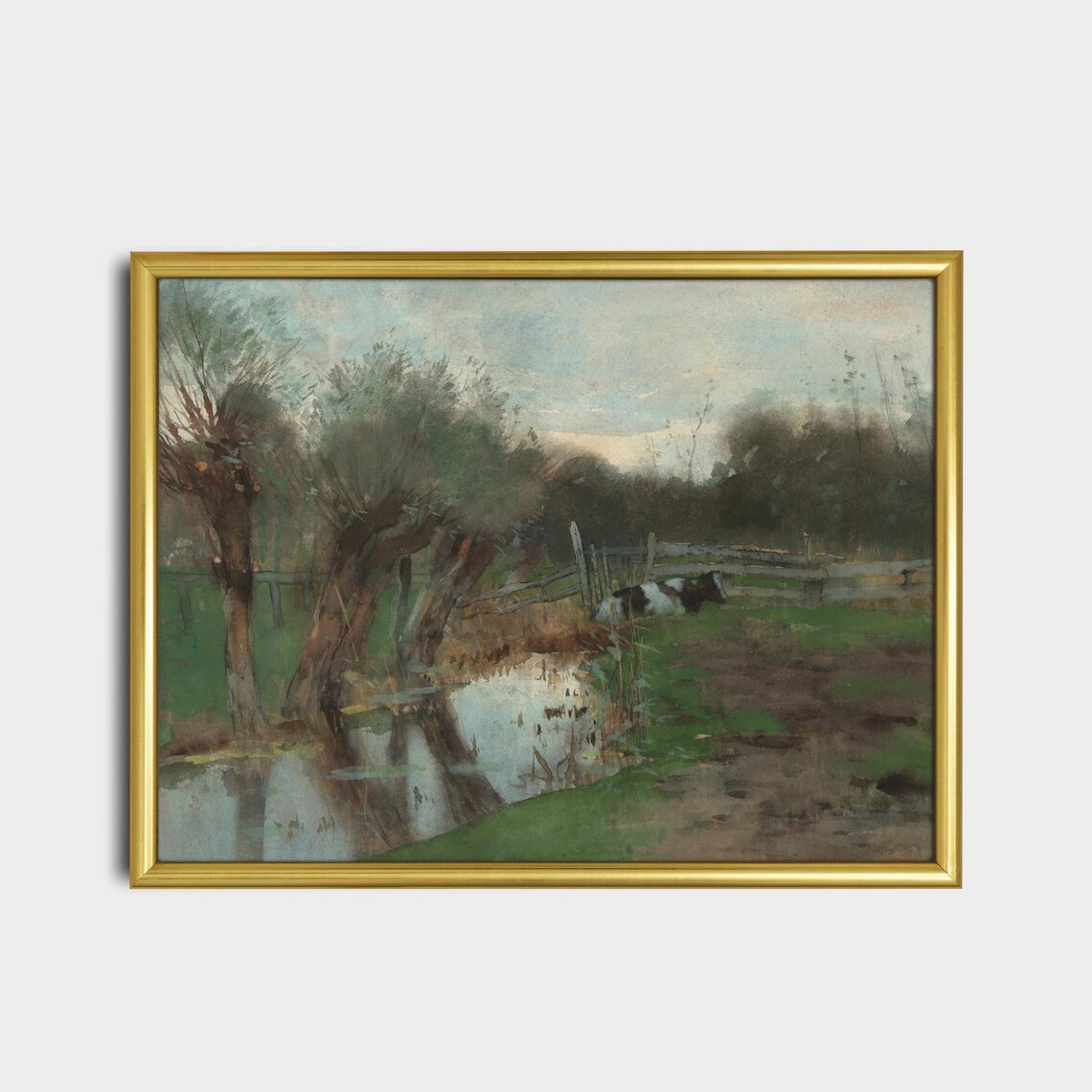 Cows Watering Pond Willow Trees Watercolor Rural Meadow Art Poster - Image 2