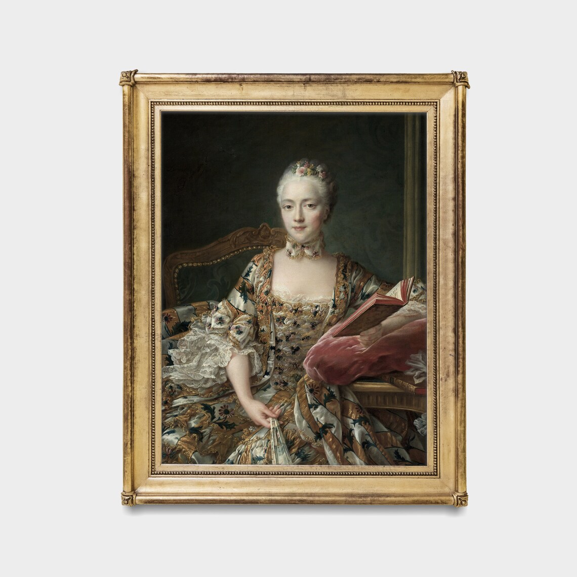 Rococo Lady in Floral Silk Gown Reading a Book Vintage Poster - Image 2