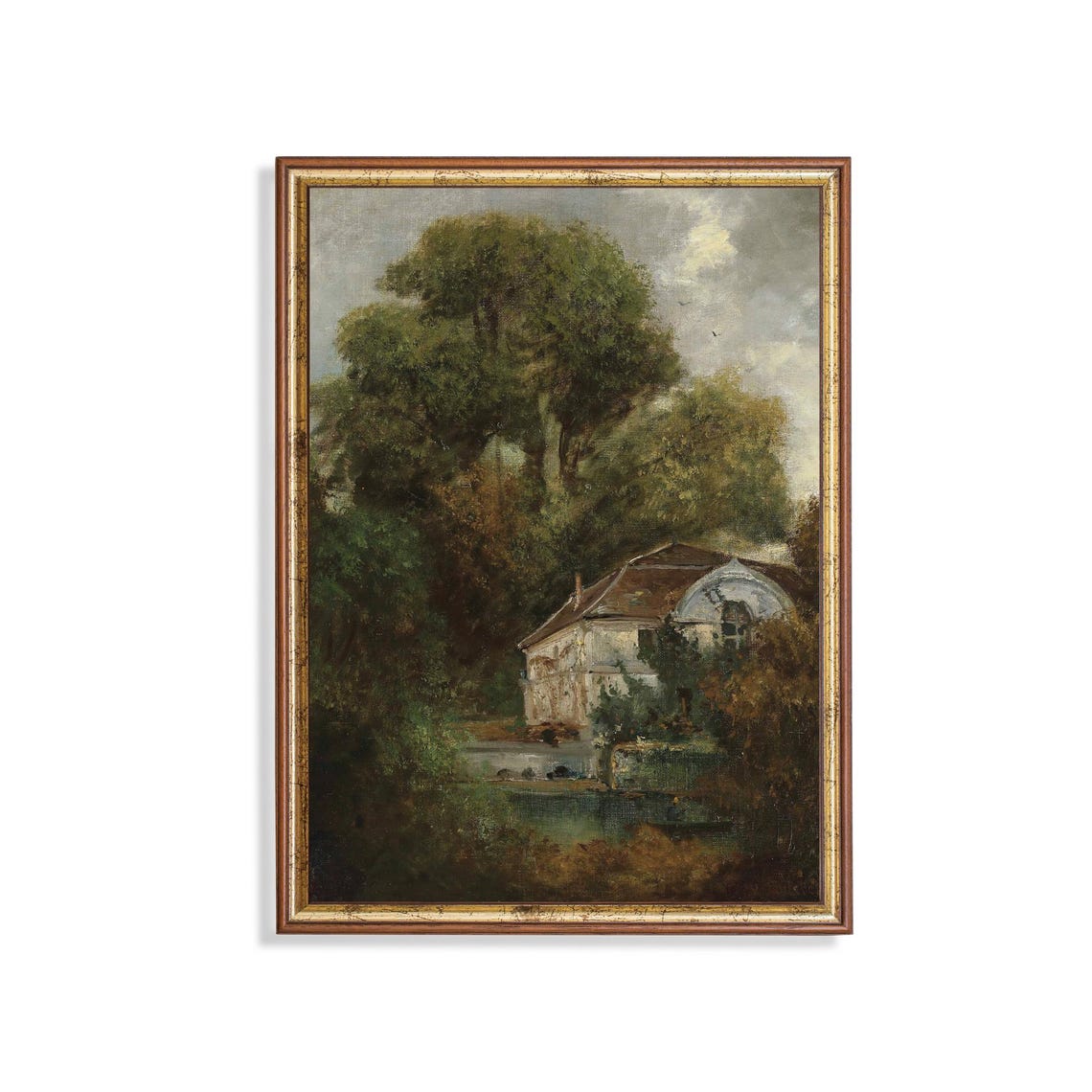 Antique Cottage Beside Pond Among Grand Trees Landscape Art Poster
