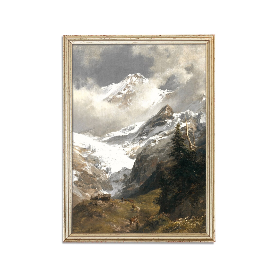 Snowy Alpine Peak Above Cattle Grazing on a Mountain Pasture Poster - Image 2