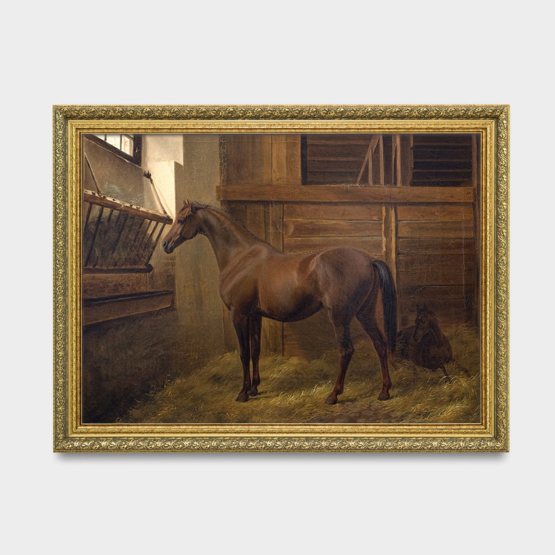 Bay Horse Standing in a Stable with Straw and a Hay Rack Poster - Image 3
