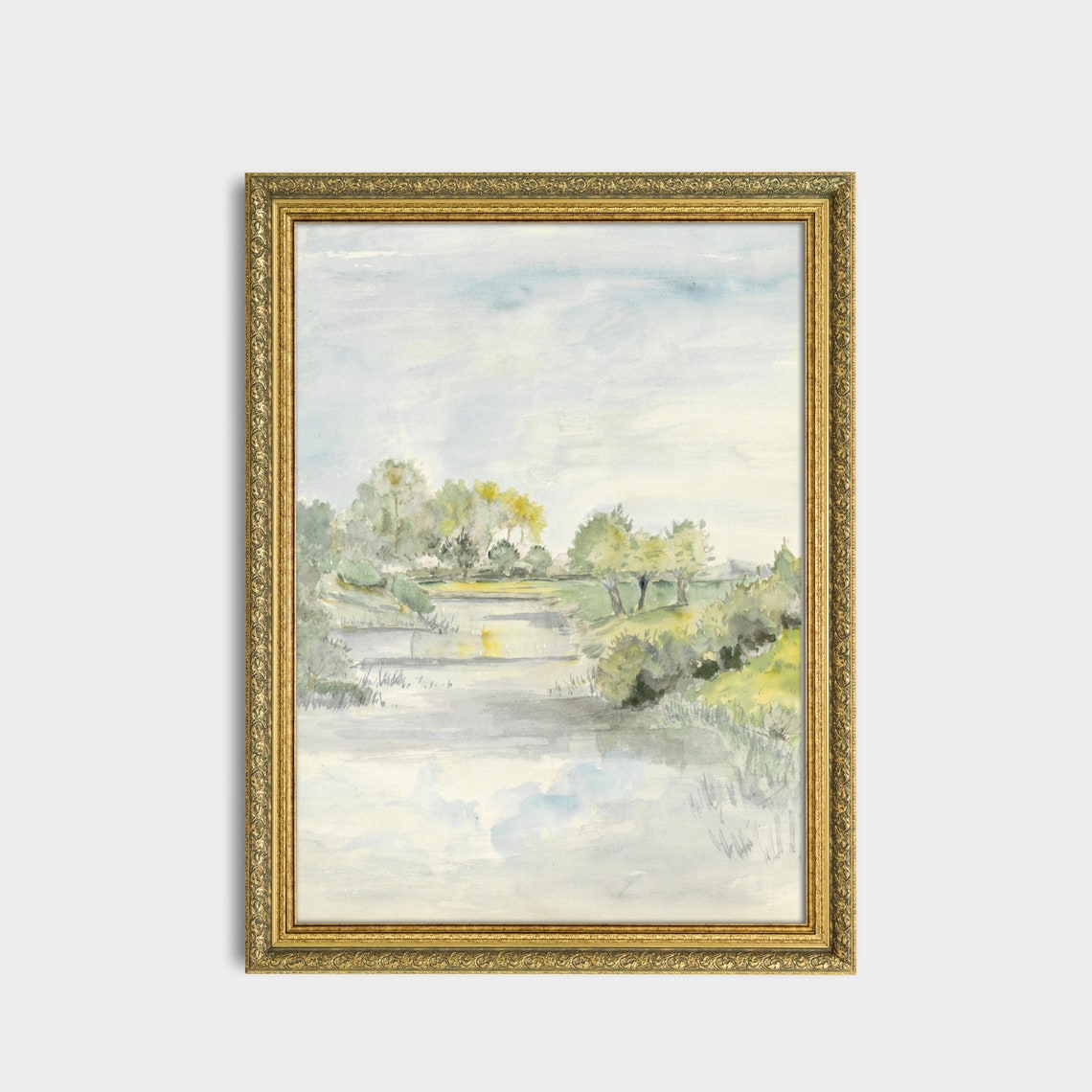 Serene River Winding Through Pale Trees Soft Watercolor Poster - Image 3
