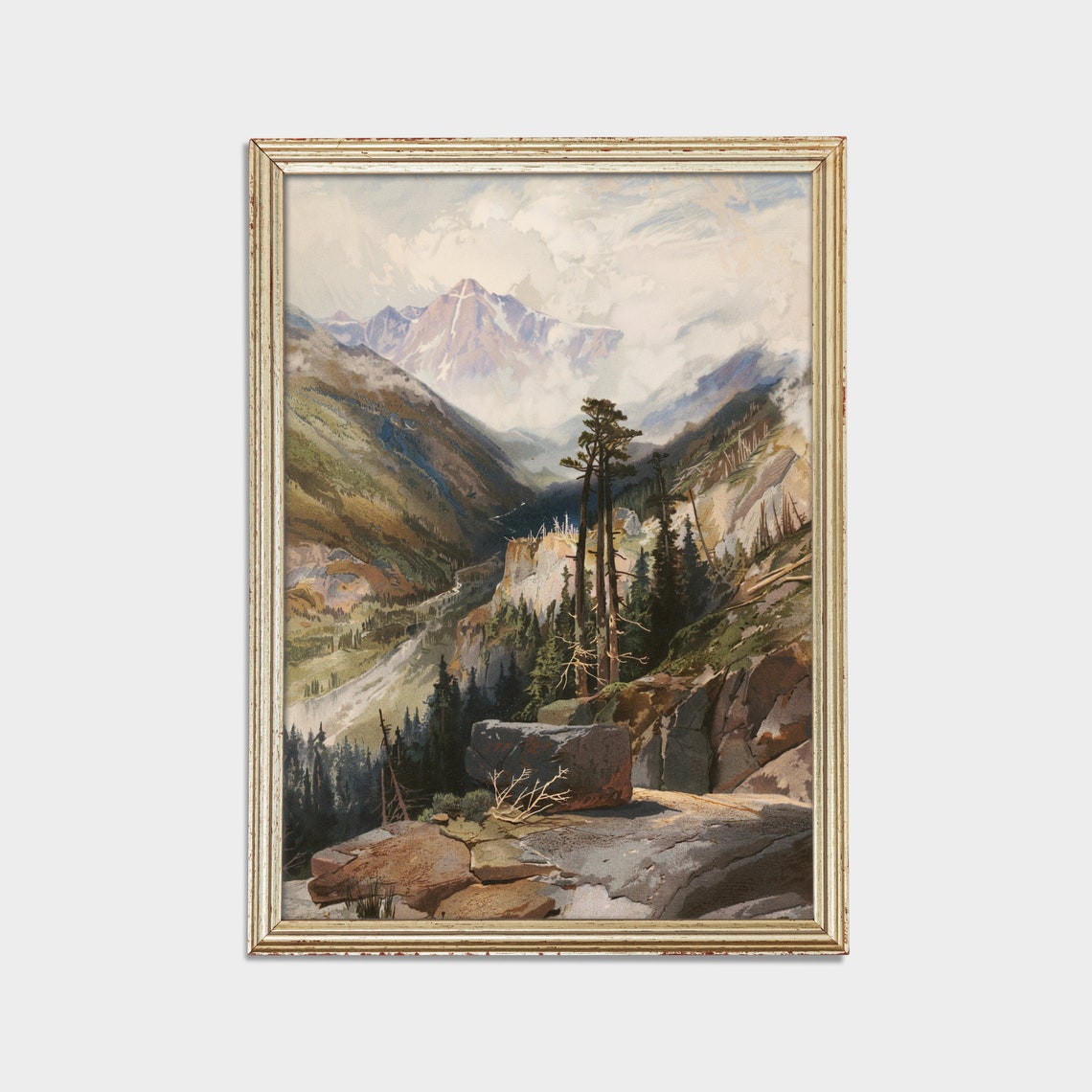 Snowcapped Mountain Valley Vista With Towering Pines Antique Poster - Image 2