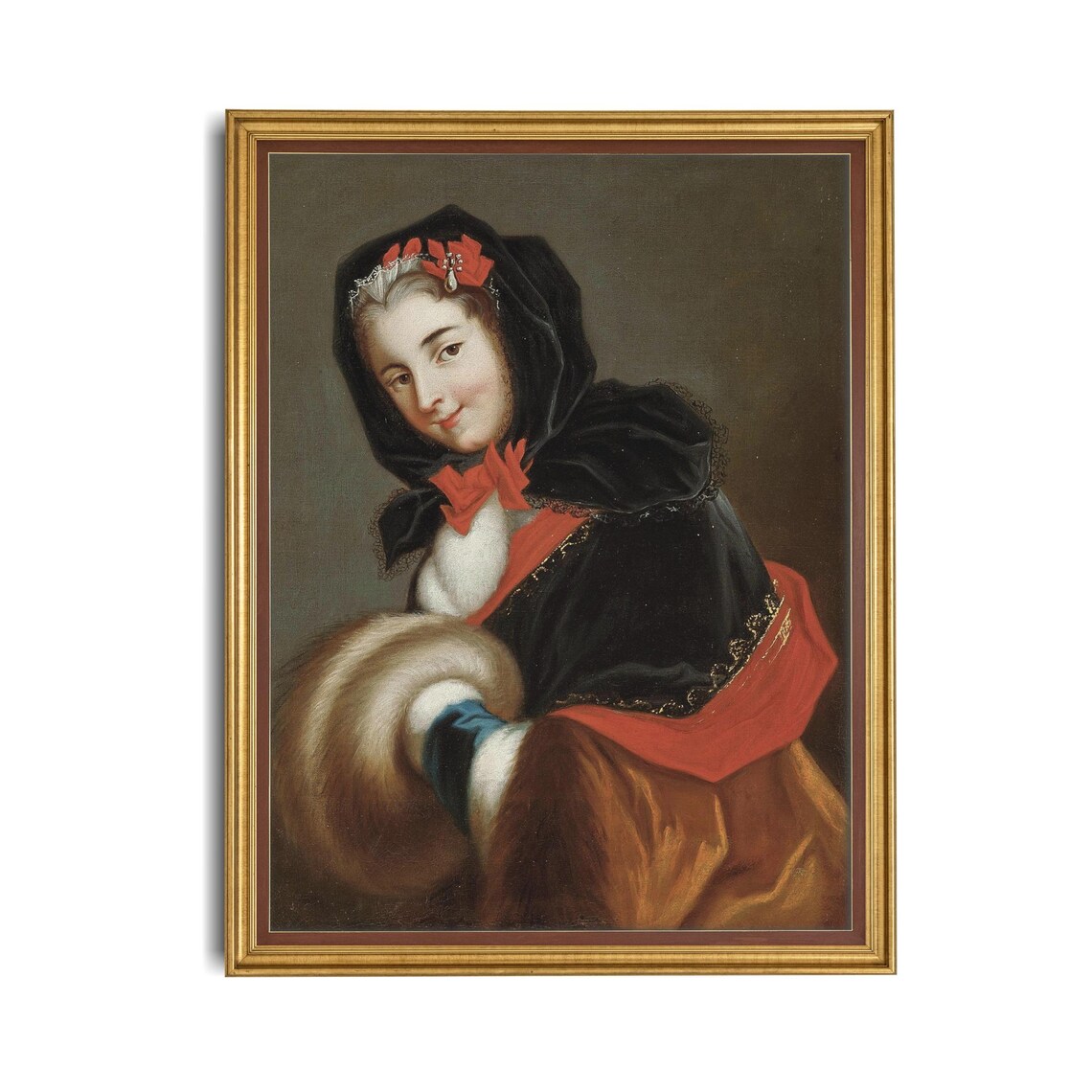 Lady in Fur Muff Red Ribbons Antique Winter Portrait Art Poster - Image 4