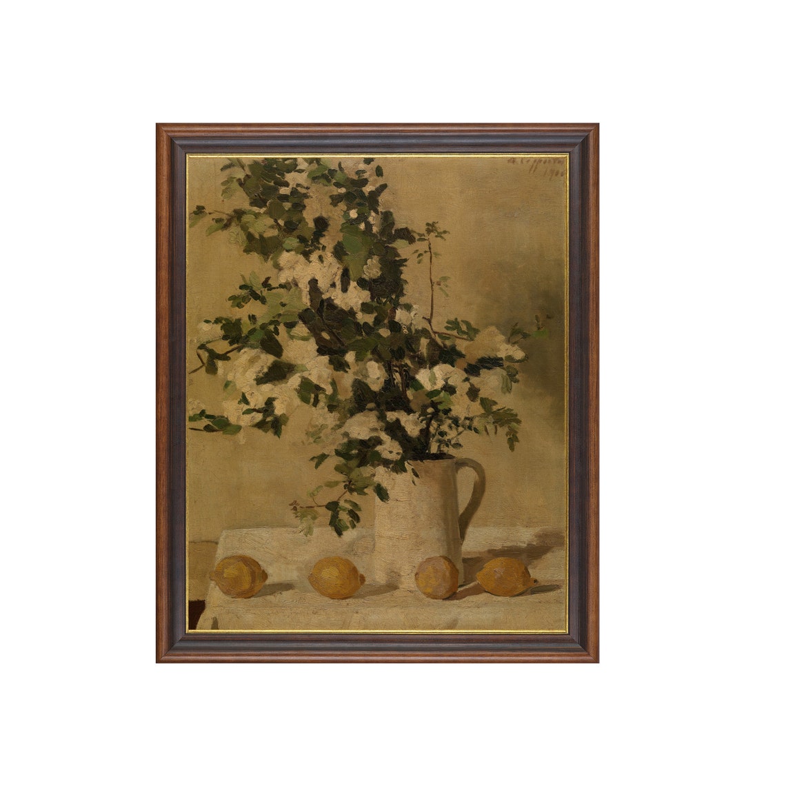 White Blossoms in a Pitcher with Lemons Vintage Still Life Poster