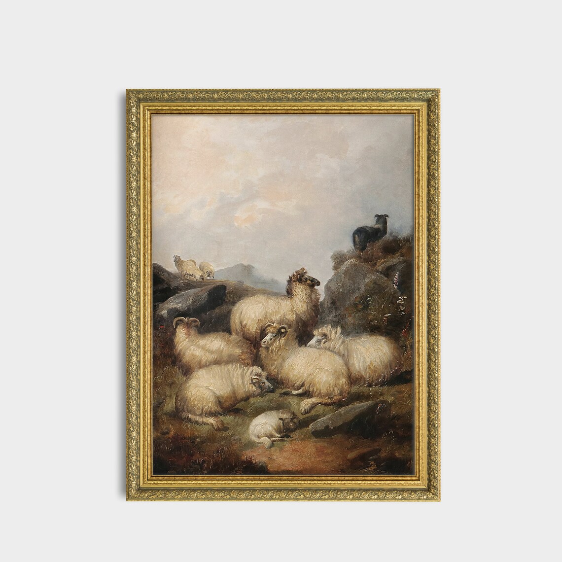 Sheep Flock Rocky Hillside Antique Animal Farm Landscape Poster - Image 3