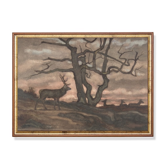 Stag By Gnarled Tree At Dusk Vintage Rustic Deer Painting Poster