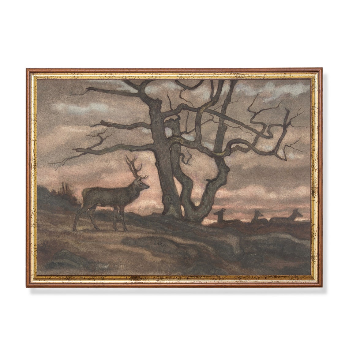 Stag By Gnarled Tree At Dusk Vintage Rustic Deer Painting Poster
