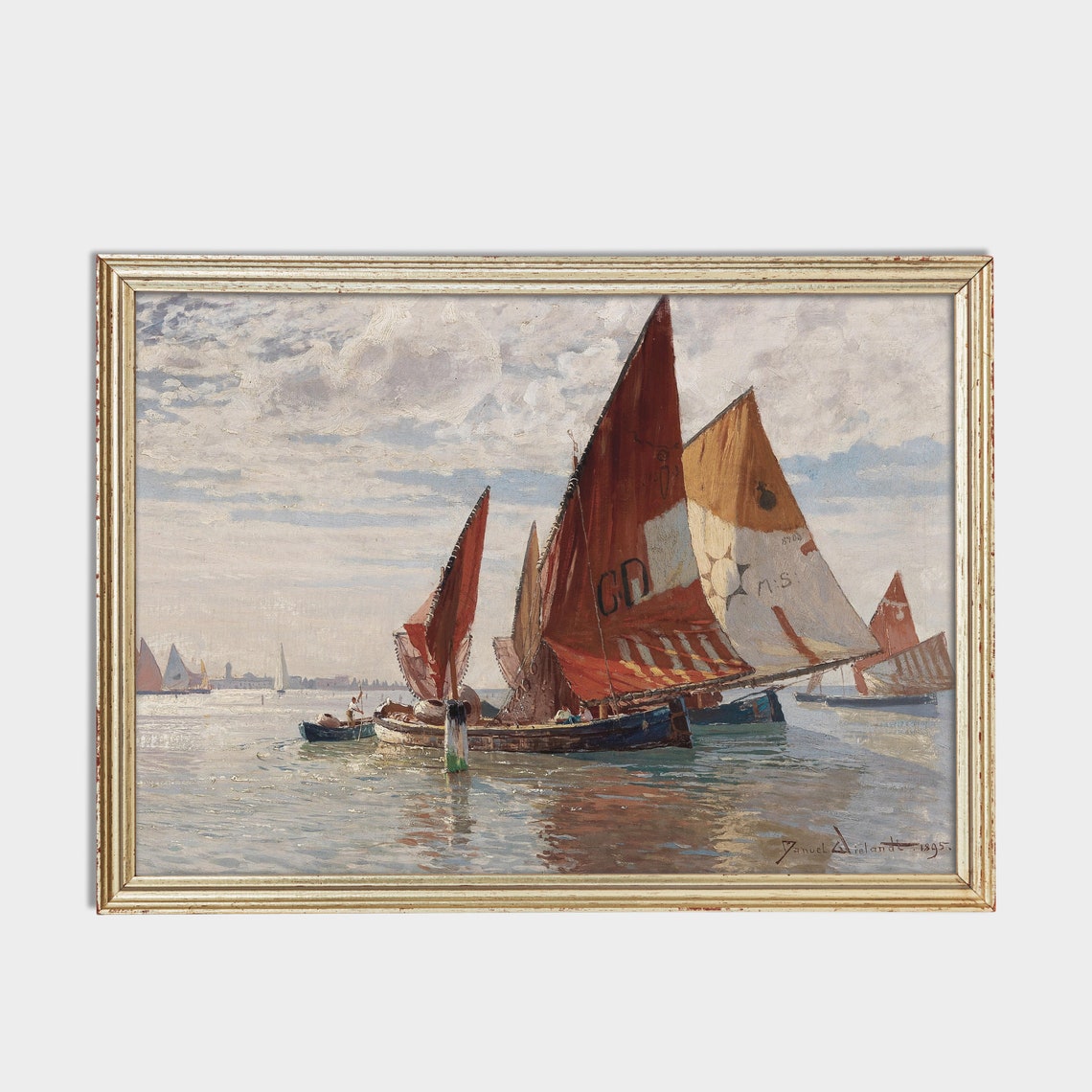 Vintage Seascape Painting Antique Sailing Boat Print Rustic Ocean Beach Print Nautical Decor Wall Art - Image 2