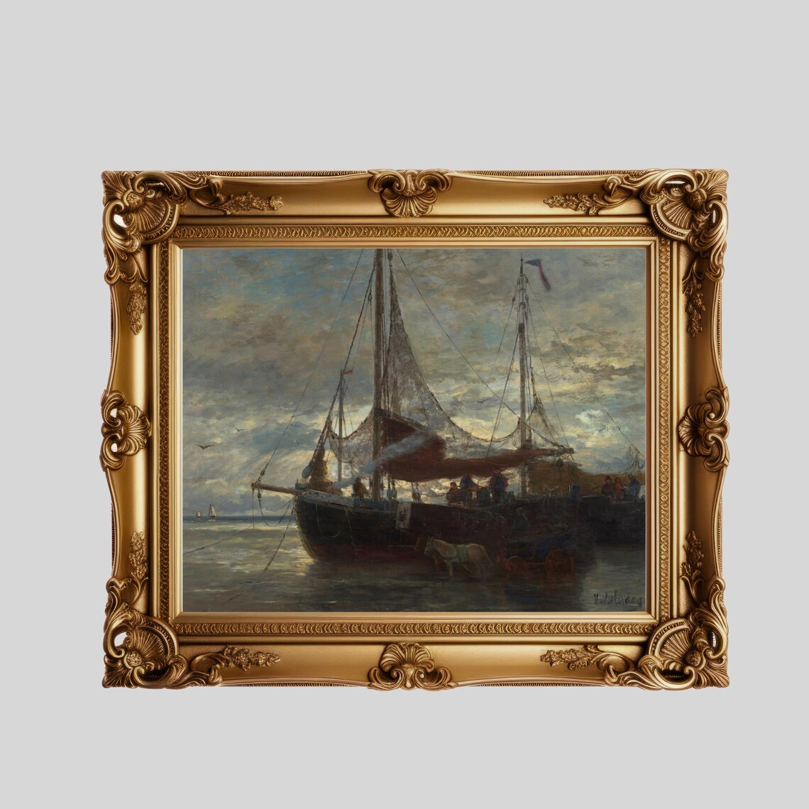 Fishing Boat Harbor Sunset Vintage Nautical Seascape Art Poster - Image 4