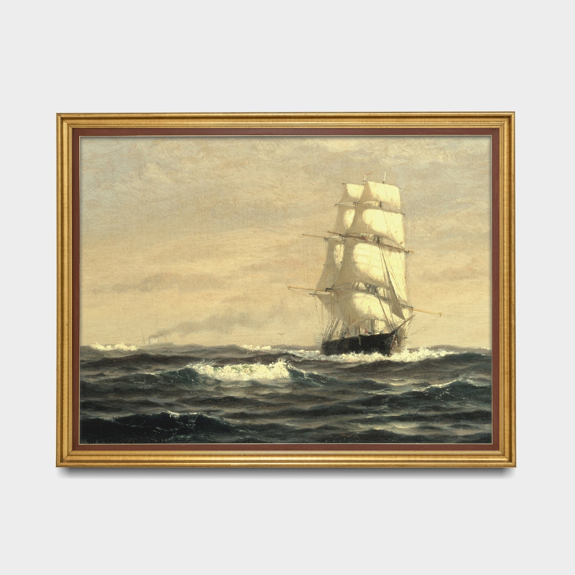 Mailed Print Vintage Seascape Painting Antique Ocean Beach Print Sailing Ship Moody Rustic Nautical Decor Print And Ship - Image 3