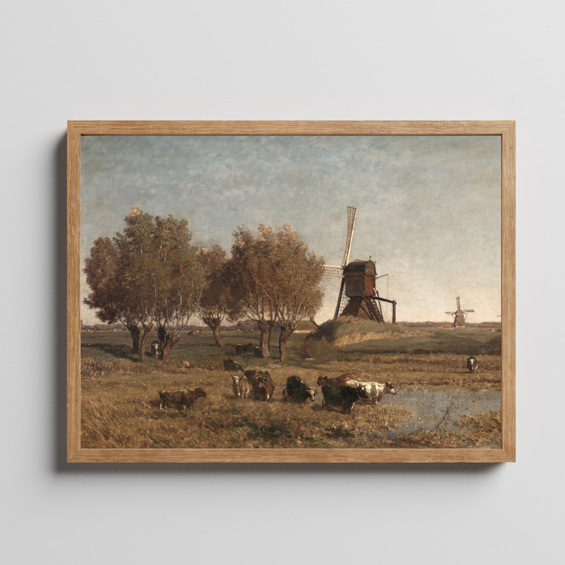 Dutch Windmills and Grazing Cows by a Stream Vintage Landscape Poster - Image 2