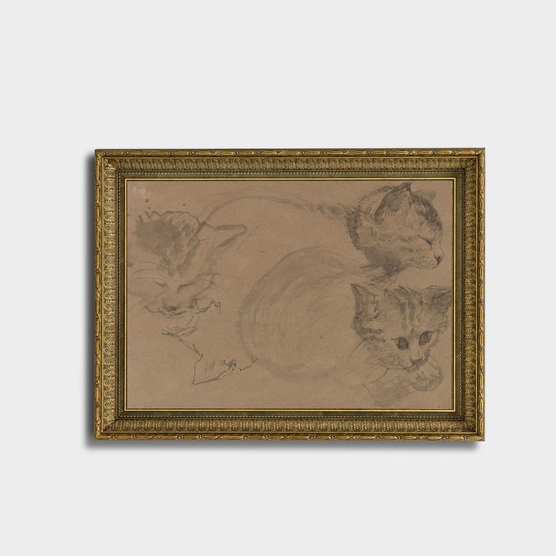 Three Cats Sketch Study Vintage Feline Pencil Drawing Poster - Image 2