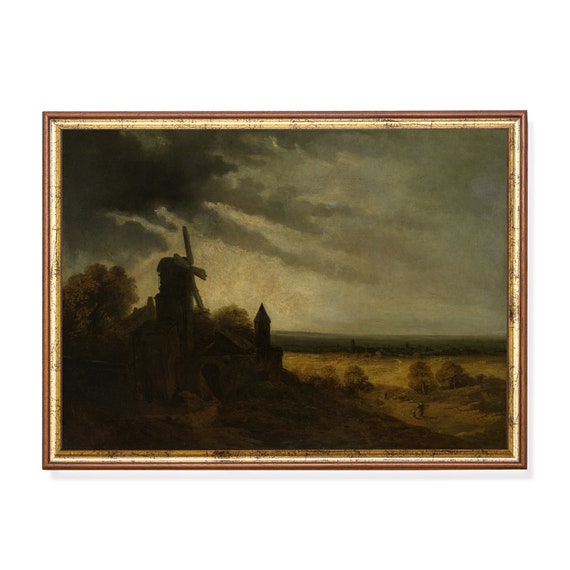 Printed And Shipped Vintage Windmill Painting Antique Landscape Print Moody Rustic Art Farmhouse Decor Physical Prints Fine Art