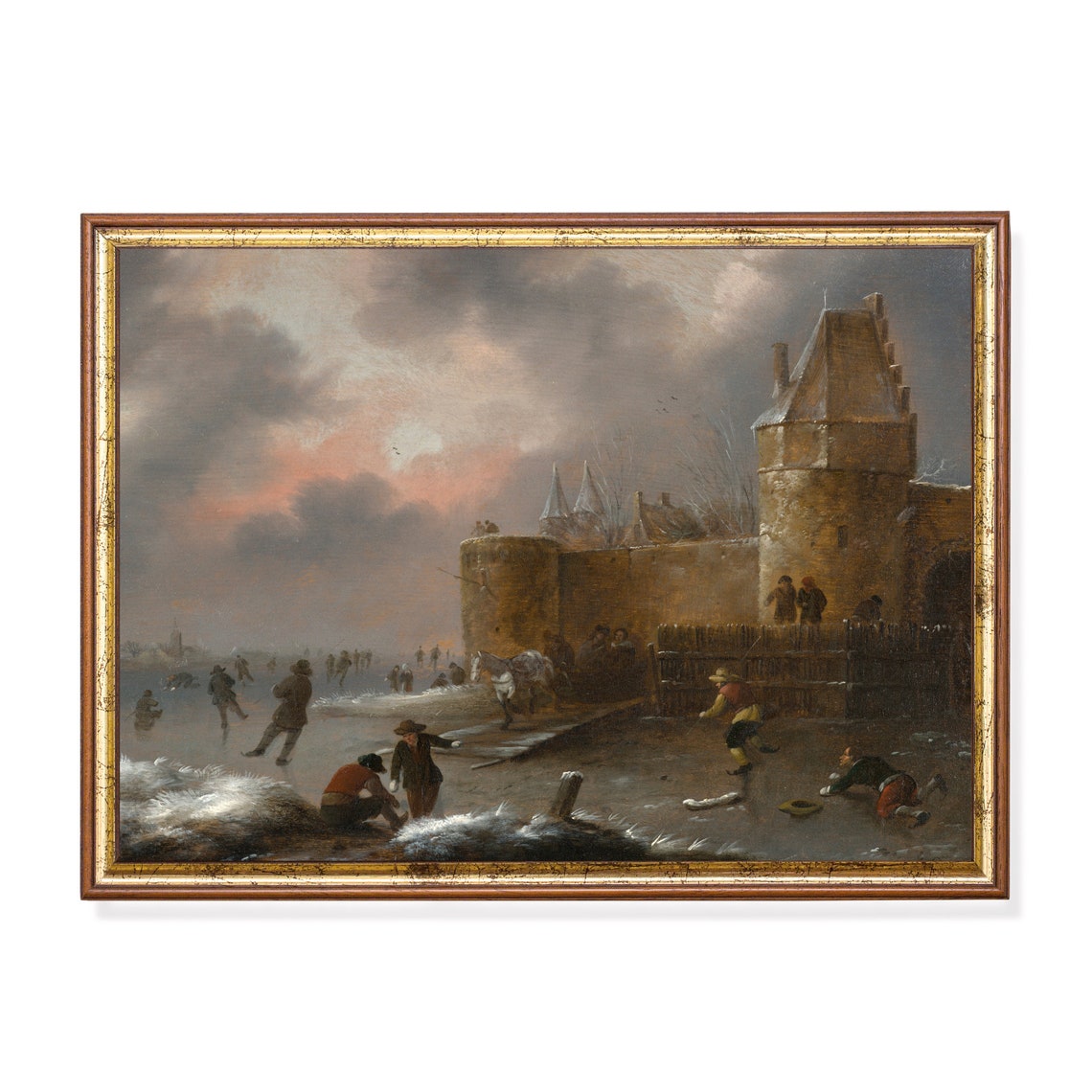 Ice Skaters By Dutch Castle Walls At Dusk Vintage Winter Poster