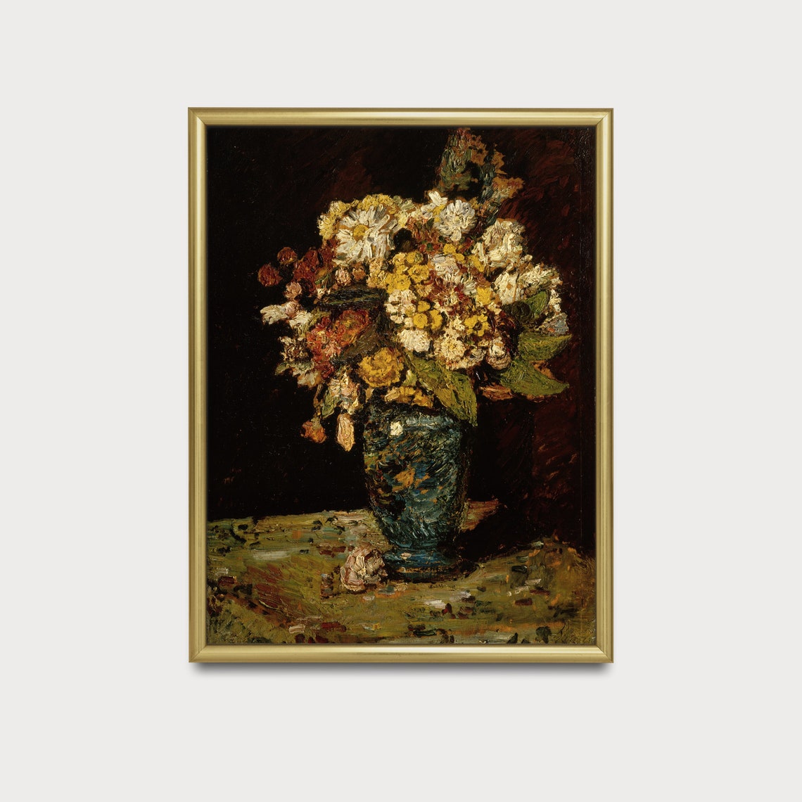 Vintage Still Life With Flowers Antique Floral Painting Fall Home Decor Rustic Moody Fine Art Wall Art - Image 5